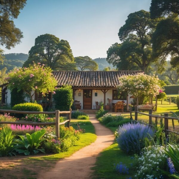 Paisagem rural com uma casa de campo aconchegante cercada por árvores, flores e um jardim bem cuidado.