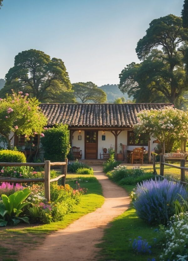 Paisagem rural com uma casa de campo aconchegante cercada por árvores, flores e um jardim bem cuidado.