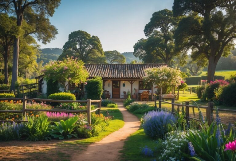 Paisagem rural com uma casa de campo aconchegante cercada por árvores, flores e um jardim bem cuidado.