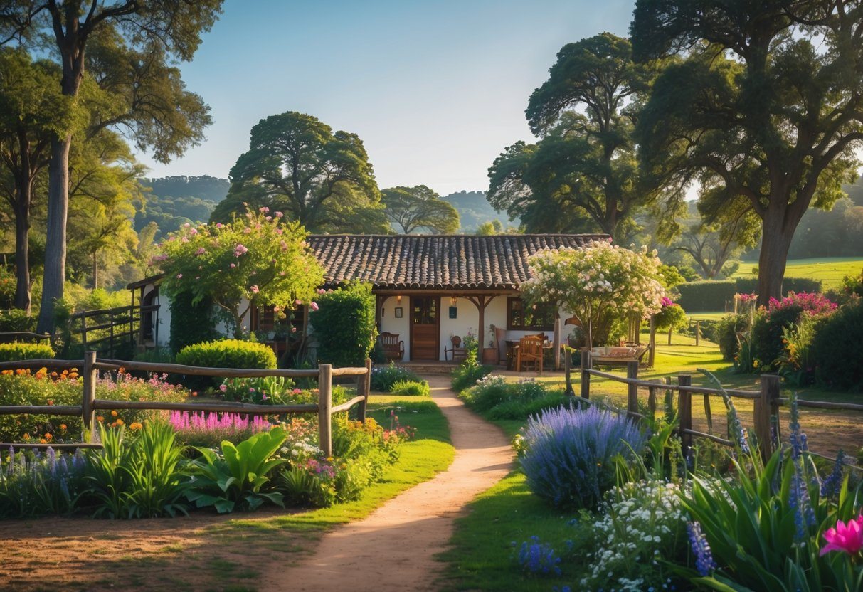Paisagem rural com uma casa de campo aconchegante cercada por árvores, flores e um jardim bem cuidado.