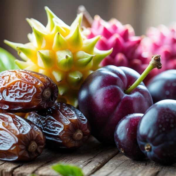 Vários frutos frescos começando com a letra D, como tâmaras, frutas do dragão e ameixas damascenas, dispostos sobre uma superfície de madeira.