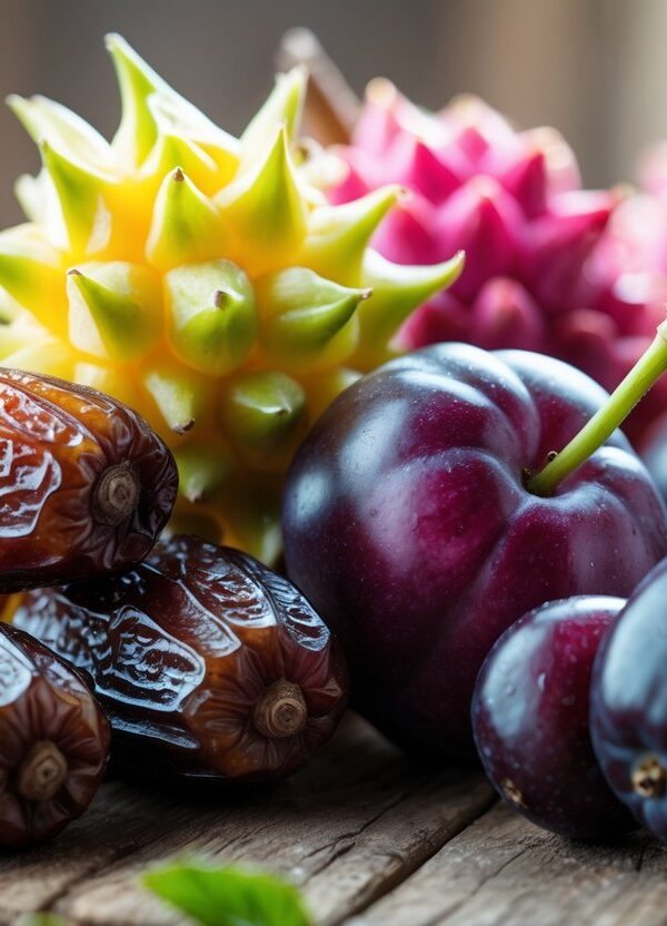 Vários frutos frescos começando com a letra D, como tâmaras, frutas do dragão e ameixas damascenas, dispostos sobre uma superfície de madeira.