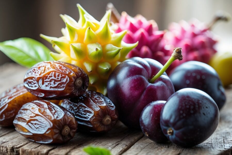 Vários frutos frescos começando com a letra D, como tâmaras, frutas do dragão e ameixas damascenas, dispostos sobre uma superfície de madeira.