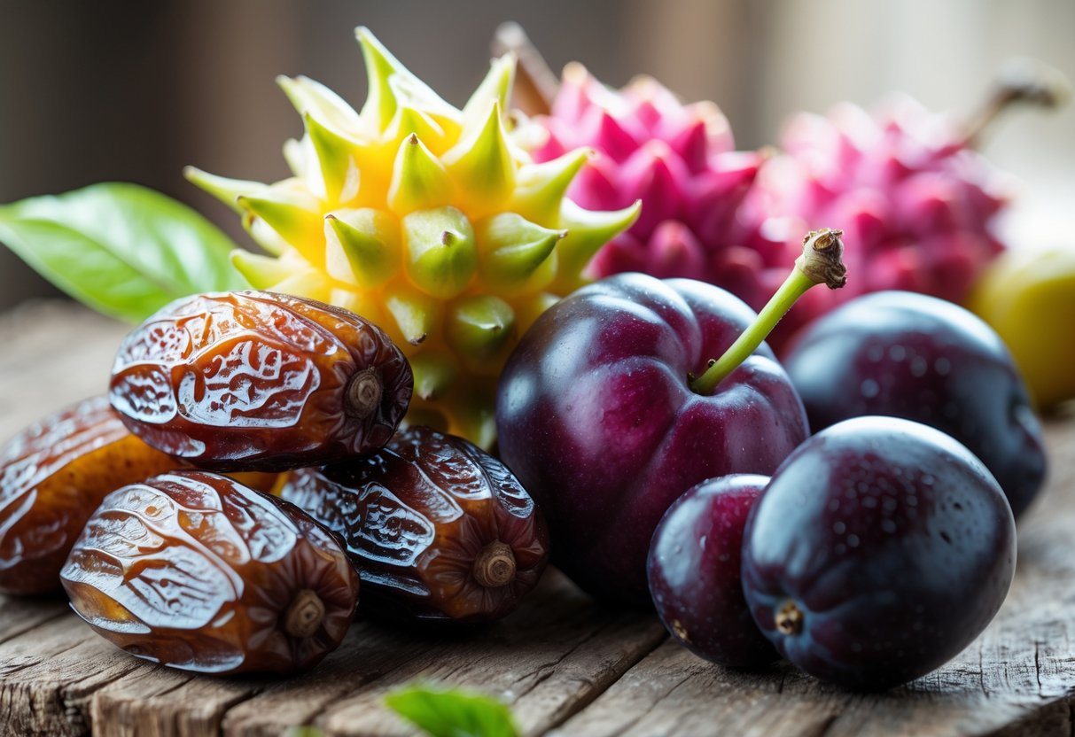 Vários frutos frescos começando com a letra D, como tâmaras, frutas do dragão e ameixas damascenas, dispostos sobre uma superfície de madeira.