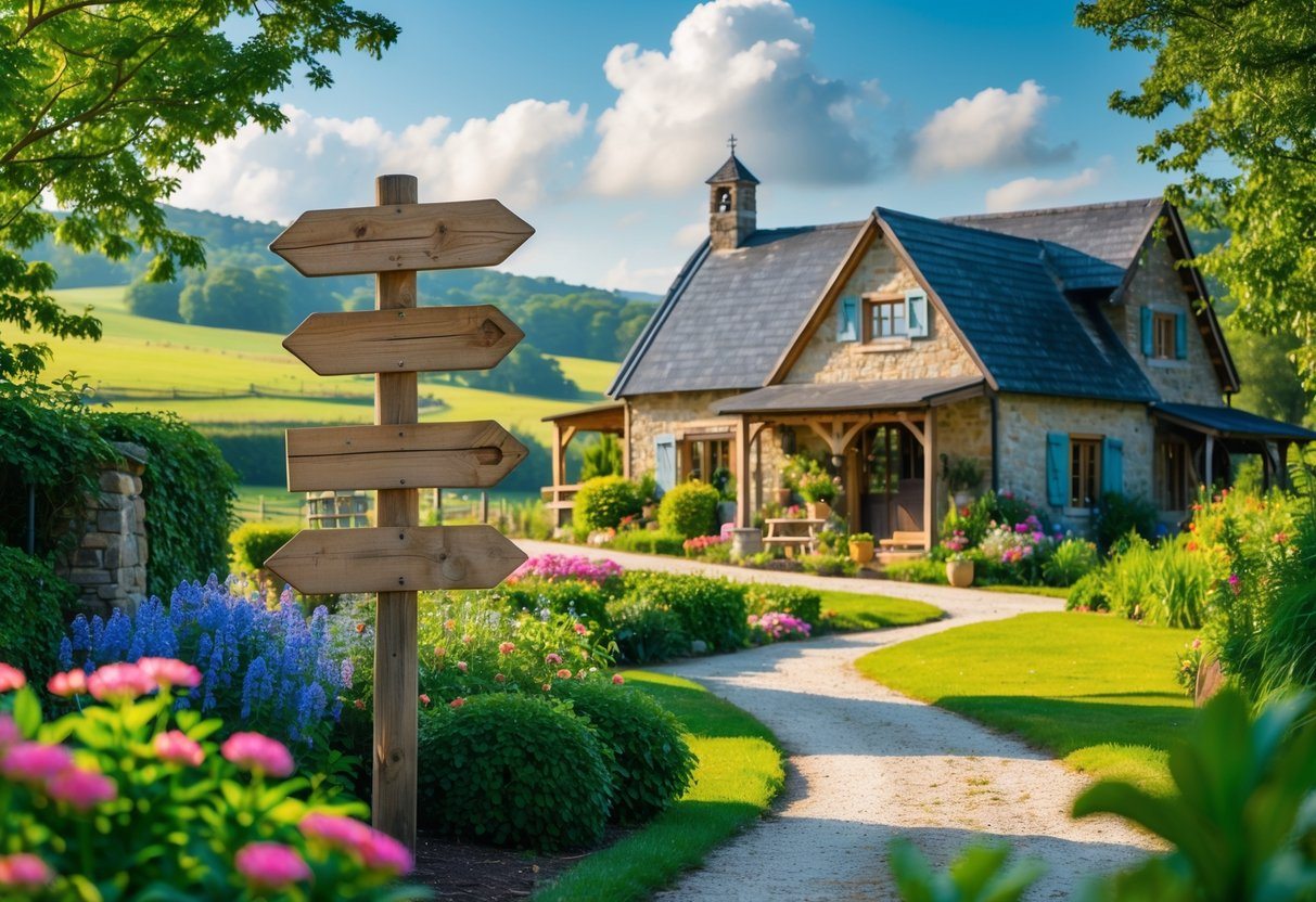 Uma casa de campo charmosa cercada por vegetação verde e flores coloridas, com uma placa rústica de madeira com várias direções em um cenário rural tranquilo.