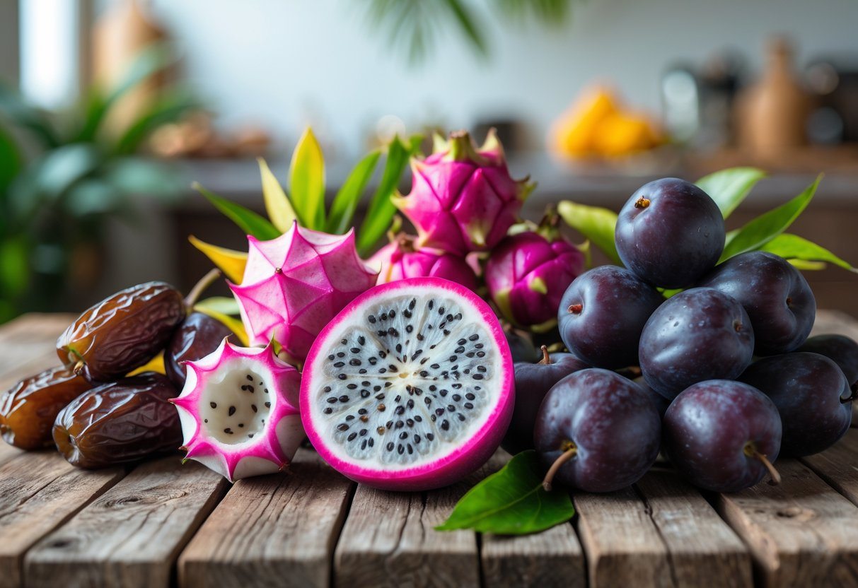 Diversas frutas frescas que começam com a letra D, como tâmaras, frutas do dragão e ameixas damascenas, dispostas sobre uma mesa de madeira com luz natural.