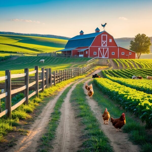 Paisagem de fazenda com campos verdes, celeiro vermelho, animais pastando e céu azul ao entardecer.
