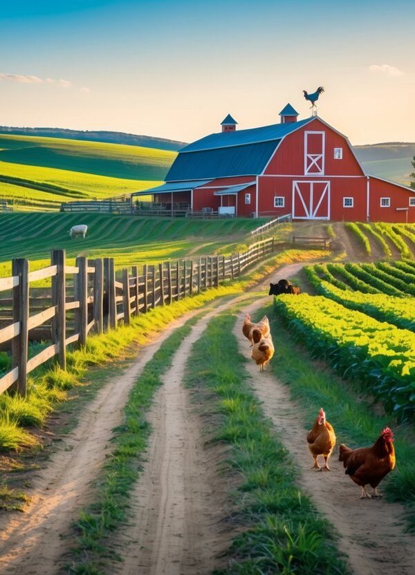 Paisagem de fazenda com campos verdes, celeiro vermelho, animais pastando e céu azul ao entardecer.