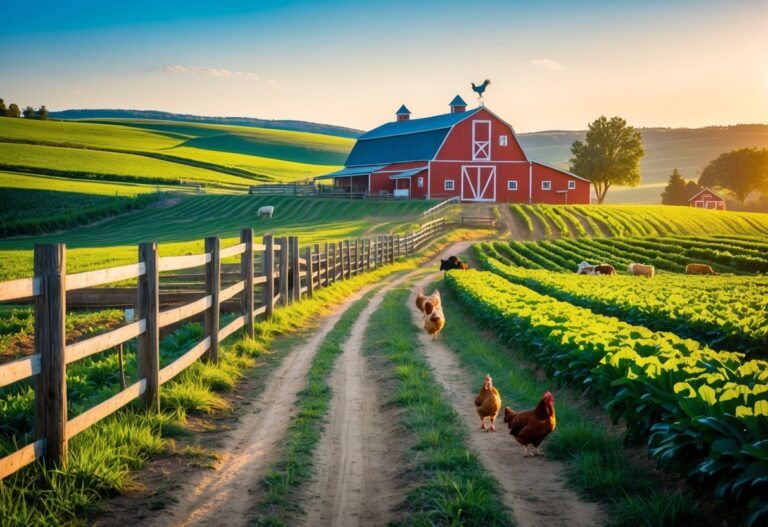 Paisagem de fazenda com campos verdes, celeiro vermelho, animais pastando e céu azul ao entardecer.