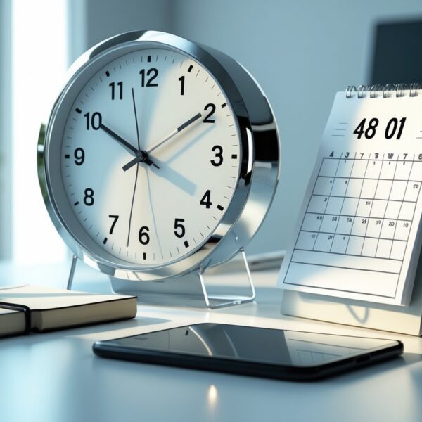 Relógio analógico mostrando meio-dia ao lado de um calendário aberto em dois dias consecutivos sobre uma mesa organizada.