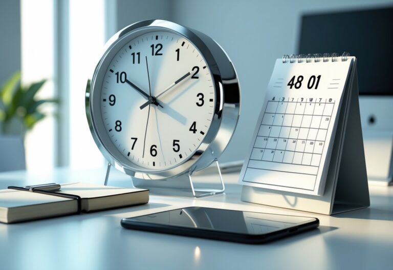 Relógio analógico mostrando meio-dia ao lado de um calendário aberto em dois dias consecutivos sobre uma mesa organizada.