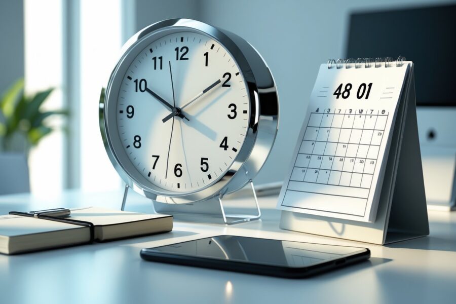 Relógio analógico mostrando meio-dia ao lado de um calendário aberto em dois dias consecutivos sobre uma mesa organizada.