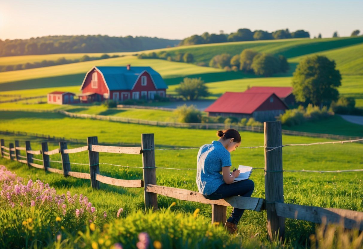 Paisagem rural com campos verdes, uma casa de fazenda vermelha, flores silvestres e uma pessoa escrevendo em um caderno sentada em uma cerca de madeira.