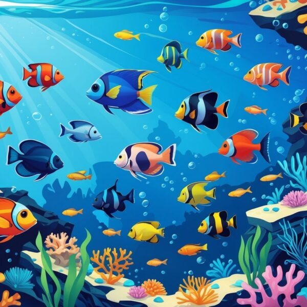 Cena subaquática com diversos peixes coloridos nadando entre corais e plantas marinhas.