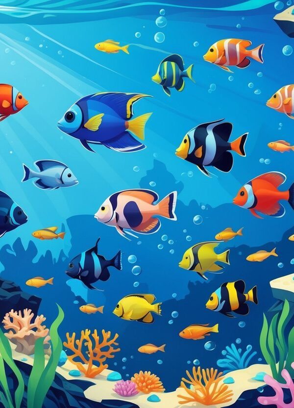 Cena subaquática com diversos peixes coloridos nadando entre corais e plantas marinhas.