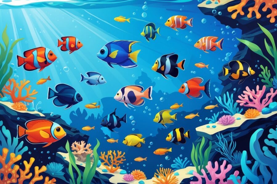 Cena subaquática com diversos peixes coloridos nadando entre corais e plantas marinhas.