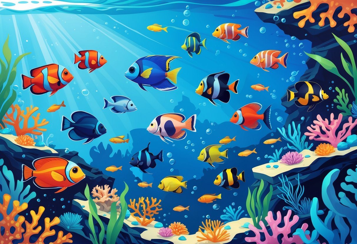 Cena subaquática com diversos peixes coloridos nadando entre corais e plantas marinhas.