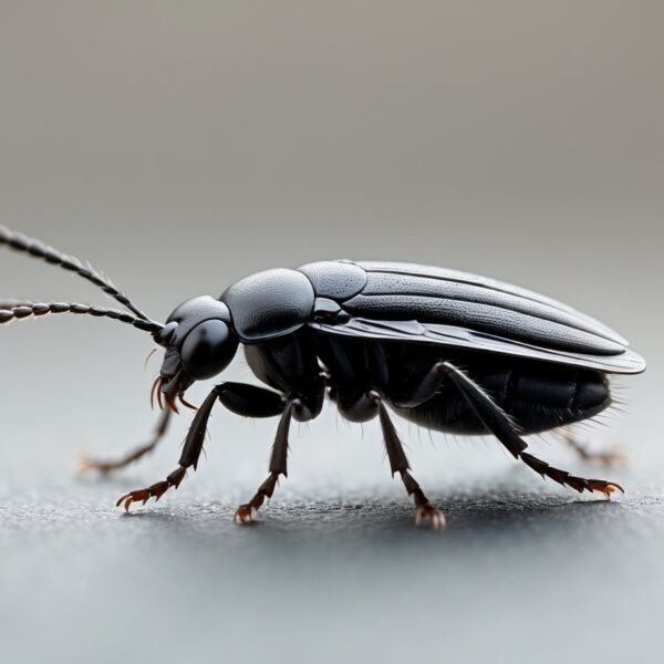 Inseto preto pequeno que se parece com uma pulga em fundo neutro desfocado.