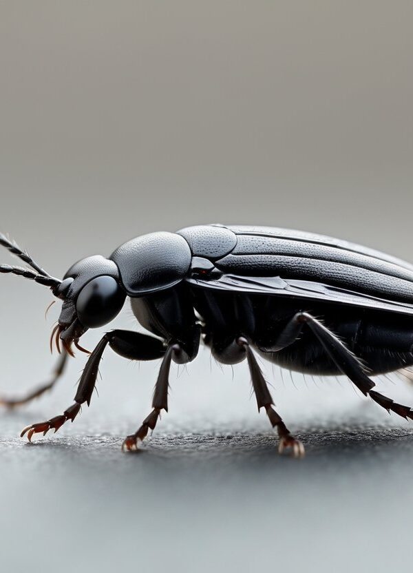 Inseto preto pequeno que se parece com uma pulga em fundo neutro desfocado.