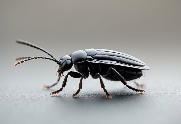 Inseto preto pequeno que se parece com uma pulga em fundo neutro desfocado.