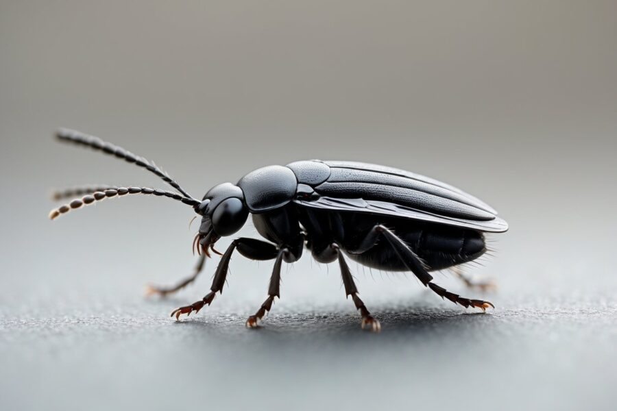 Inseto preto pequeno que se parece com uma pulga em fundo neutro desfocado.