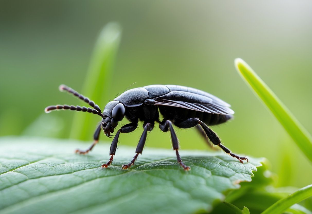 Inseto preto pequeno parecido com pulga sobre uma folha verde com fundo desfocado.
