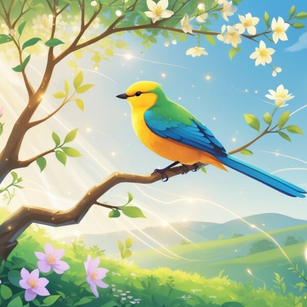 Um pássaro bem-te-vi pousado em um galho florido em meio a um cenário natural tranquilo com luz suave e elementos que transmitem espiritualidade.