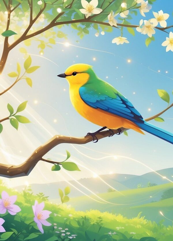 Um pássaro bem-te-vi pousado em um galho florido em meio a um cenário natural tranquilo com luz suave e elementos que transmitem espiritualidade.