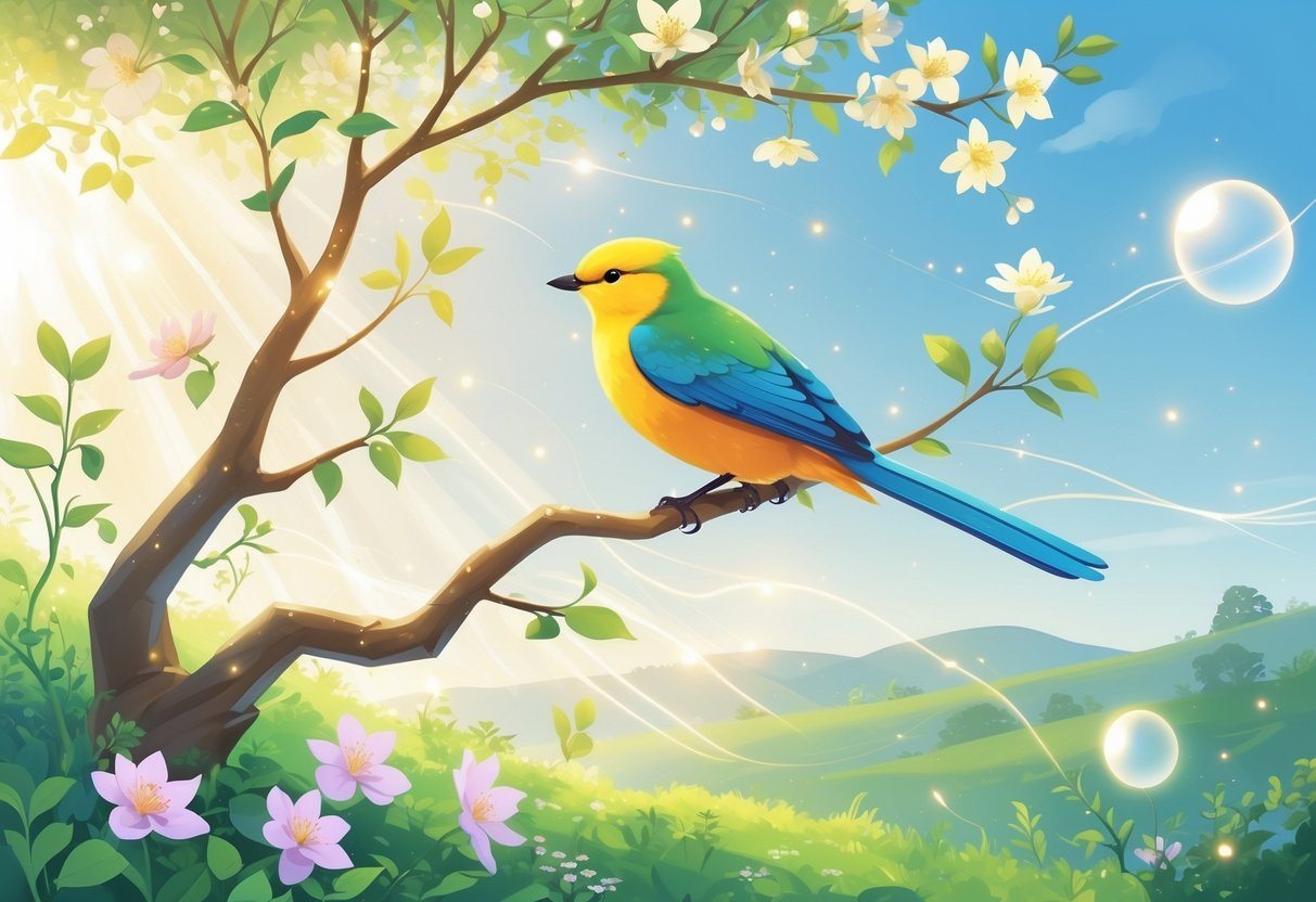 Um pássaro bem-te-vi pousado em um galho florido em meio a um cenário natural tranquilo com luz suave e elementos que transmitem espiritualidade.