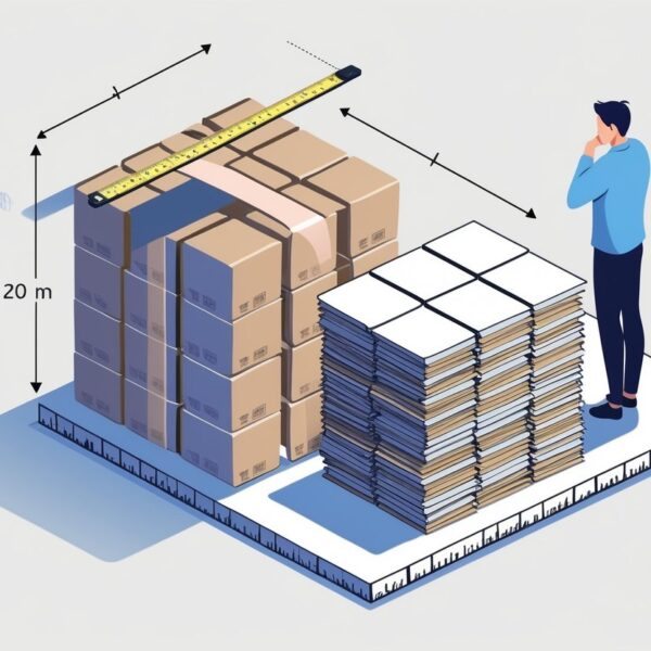 Pessoa observando caixas de cerâmica empilhadas ao lado de uma fita métrica que mede 20 metros.