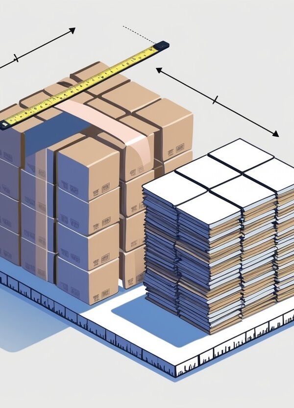 Pessoa observando caixas de cerâmica empilhadas ao lado de uma fita métrica que mede 20 metros.