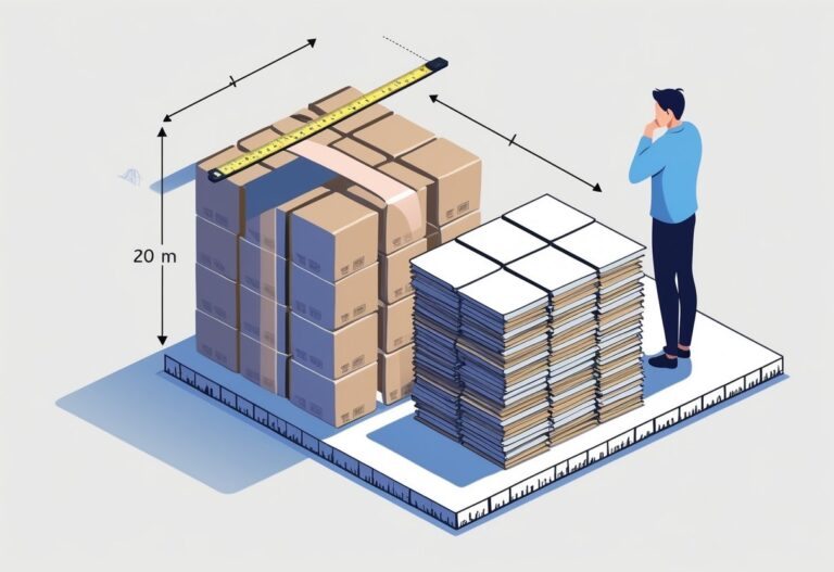 Pessoa observando caixas de cerâmica empilhadas ao lado de uma fita métrica que mede 20 metros.