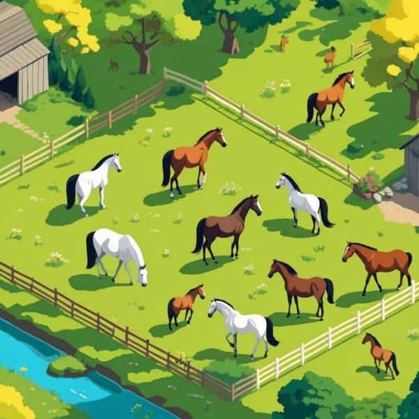 Cena de campo com vários cavalos em um prado verde, cercados por uma cerca de madeira, árvores e um celeiro ao fundo.