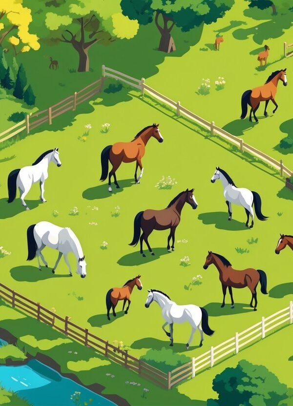 Cena de campo com vários cavalos em um prado verde, cercados por uma cerca de madeira, árvores e um celeiro ao fundo.