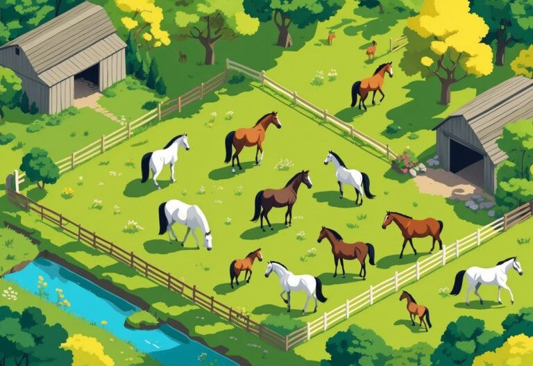 Cena de campo com vários cavalos em um prado verde, cercados por uma cerca de madeira, árvores e um celeiro ao fundo.