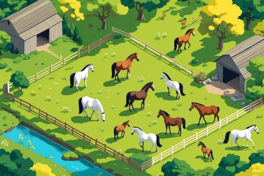 Cena de campo com vários cavalos em um prado verde, cercados por uma cerca de madeira, árvores e um celeiro ao fundo.