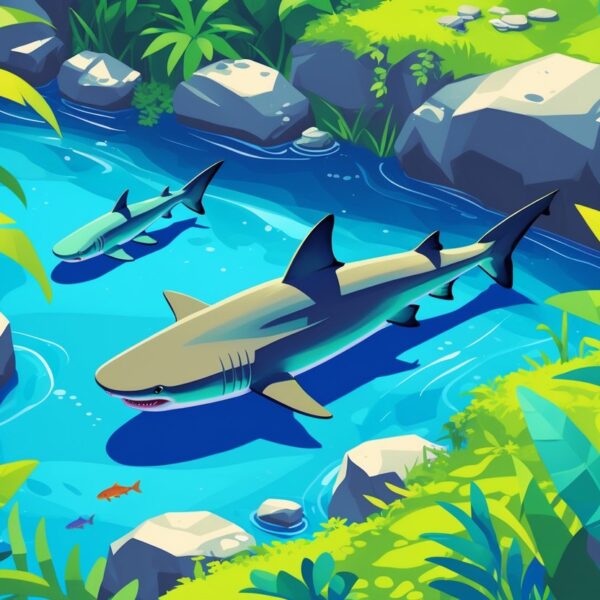 Ilustração de um rio de água doce com um tubarão nadando, cercado por plantas tropicais e peixes pequenos.