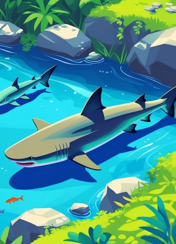Ilustração de um rio de água doce com um tubarão nadando, cercado por plantas tropicais e peixes pequenos.