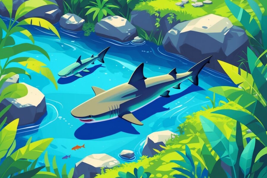Ilustração de um rio de água doce com um tubarão nadando, cercado por plantas tropicais e peixes pequenos.