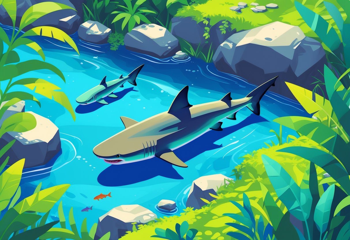 Ilustração de um rio de água doce com um tubarão nadando, cercado por plantas tropicais e peixes pequenos.