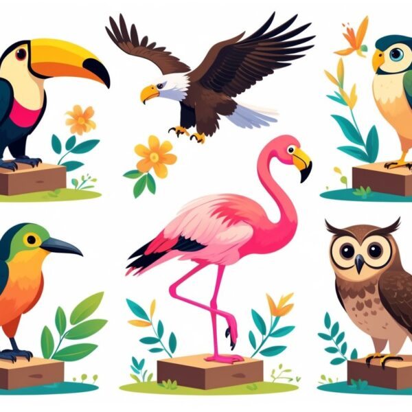 Vários pássaros famosos coloridos pousados em pequenas plataformas, cercados por elementos naturais como folhas e flores.