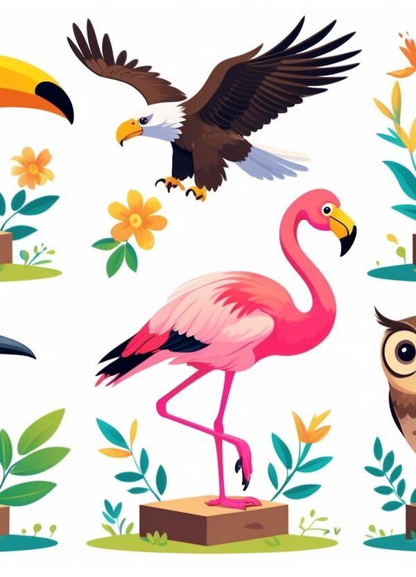 Vários pássaros famosos coloridos pousados em pequenas plataformas, cercados por elementos naturais como folhas e flores.