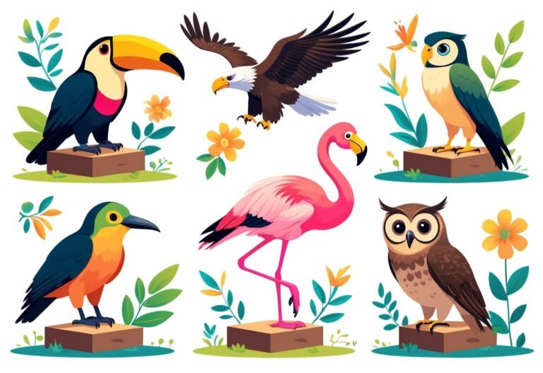 Vários pássaros famosos coloridos pousados em pequenas plataformas, cercados por elementos naturais como folhas e flores.