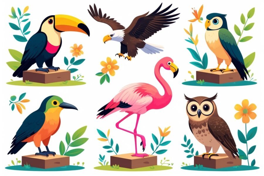 Vários pássaros famosos coloridos pousados em pequenas plataformas, cercados por elementos naturais como folhas e flores.