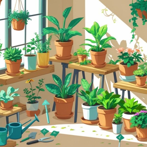 Cena de um jardim interno com várias plantas em vasos, prateleiras de madeira, ferramentas de jardinagem e luz natural entrando pela janela.