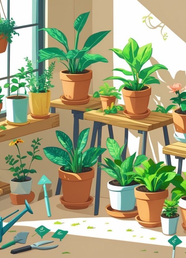Cena de um jardim interno com várias plantas em vasos, prateleiras de madeira, ferramentas de jardinagem e luz natural entrando pela janela.