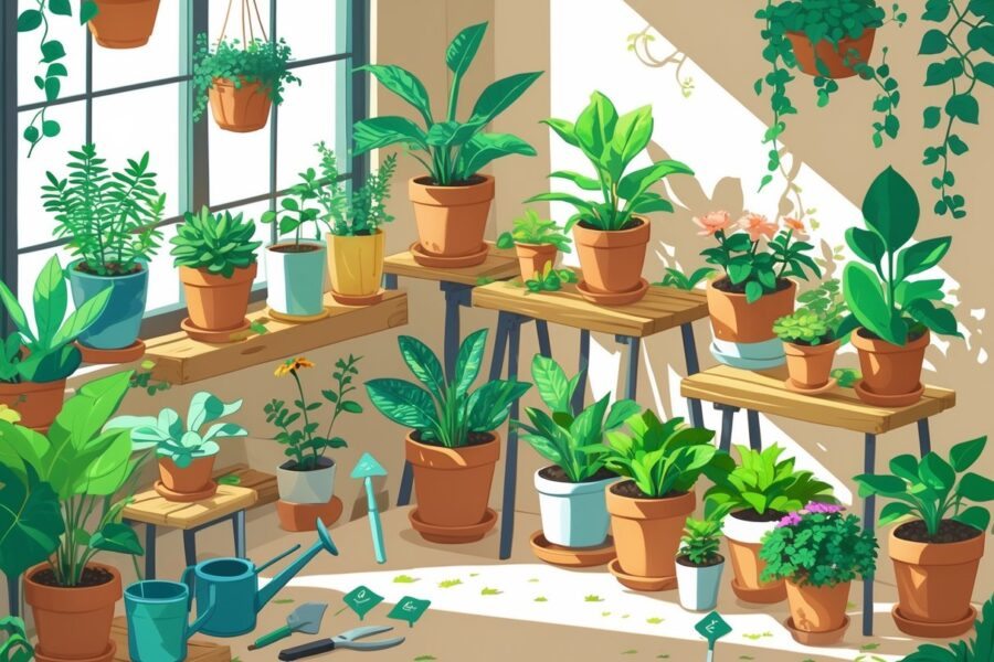 Cena de um jardim interno com várias plantas em vasos, prateleiras de madeira, ferramentas de jardinagem e luz natural entrando pela janela.