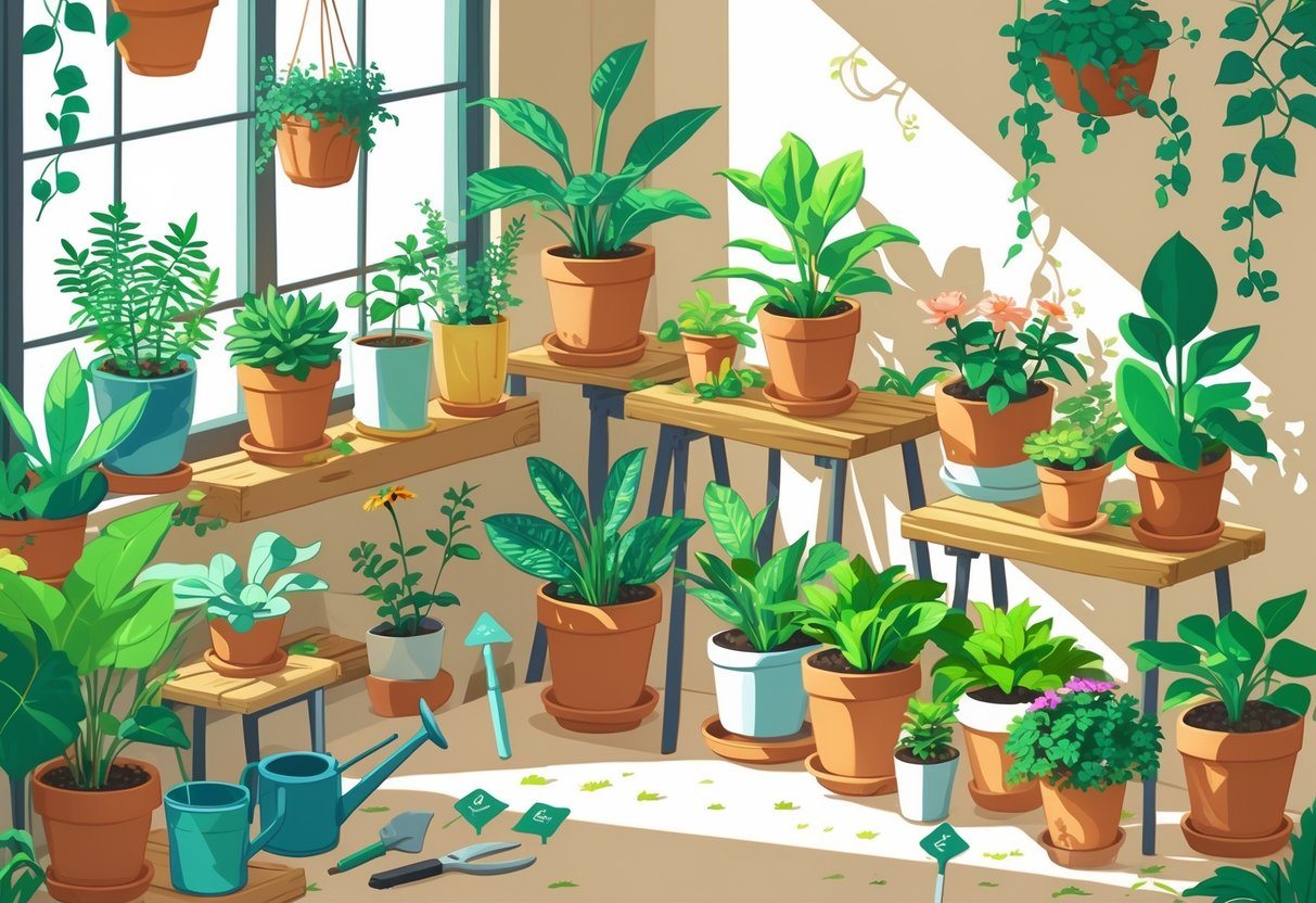 Cena de um jardim interno com várias plantas em vasos, prateleiras de madeira, ferramentas de jardinagem e luz natural entrando pela janela.