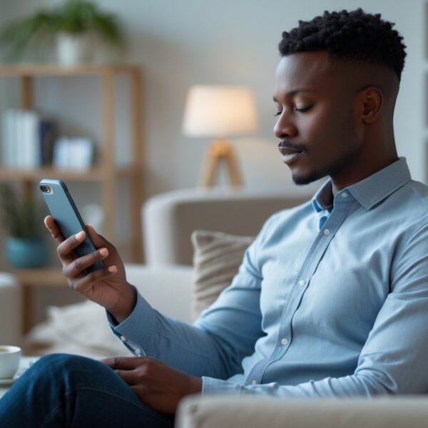 Pessoa sentada em uma sala moderna segurando um smartphone com expressão pensativa.