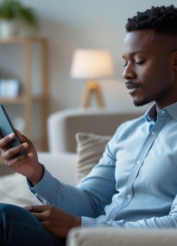 Pessoa sentada em uma sala moderna segurando um smartphone com expressão pensativa.